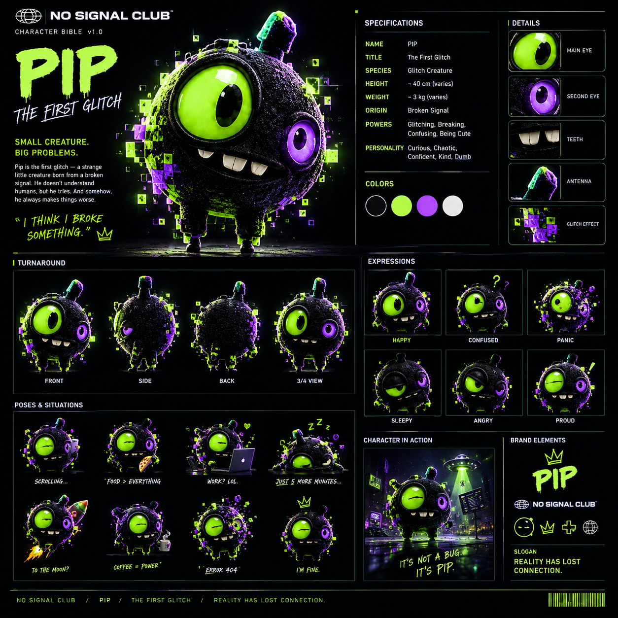 PIP character concept sheet with expressions, turnarounds, colors, and poses
