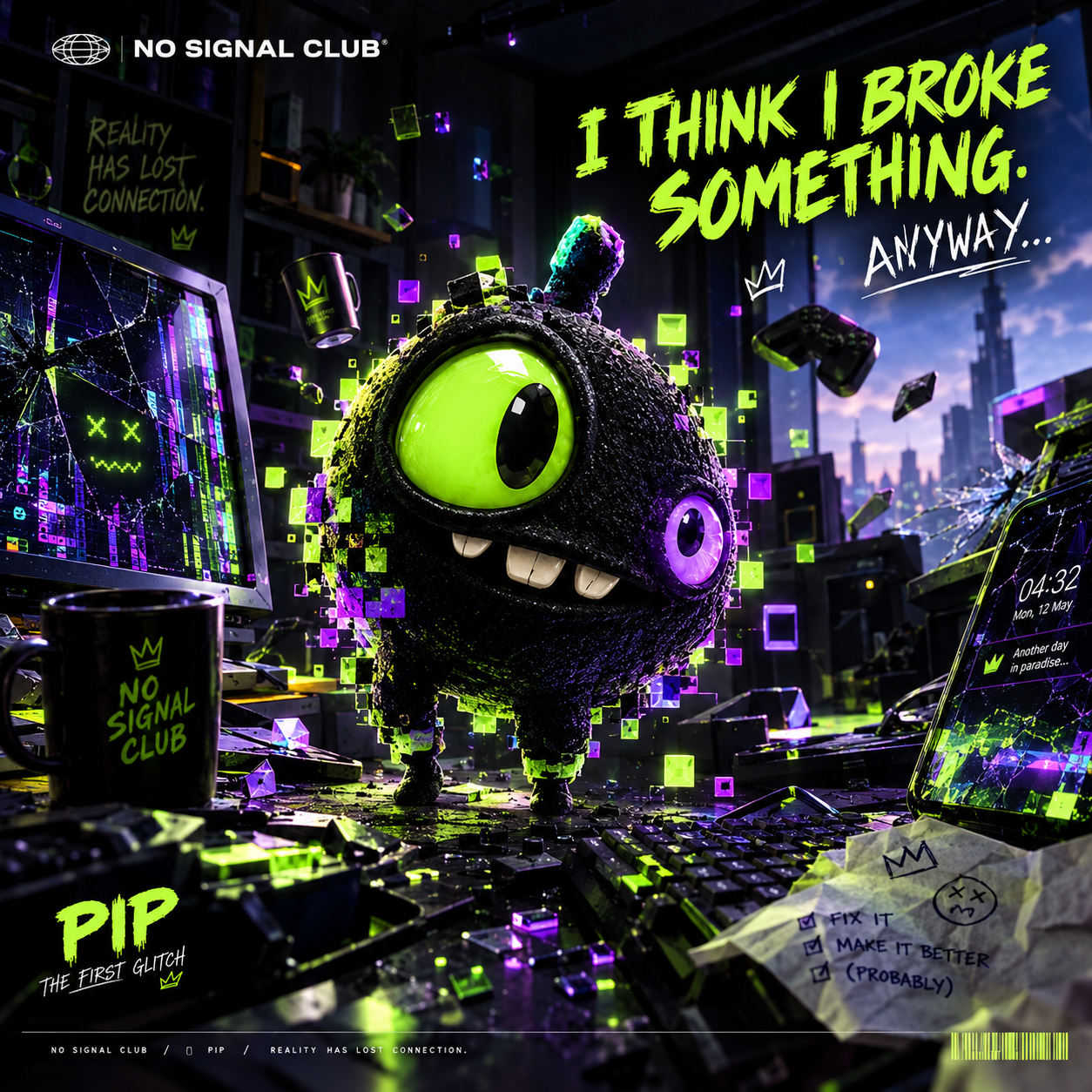 PIP, a fuzzy black glitch creature with one huge neon-green eye and one small violet eye